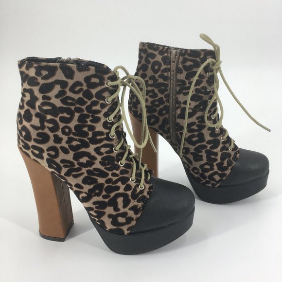 C Label Artie Leopard LaceUp High Heel Ankle Boots - Picture 2 of 7